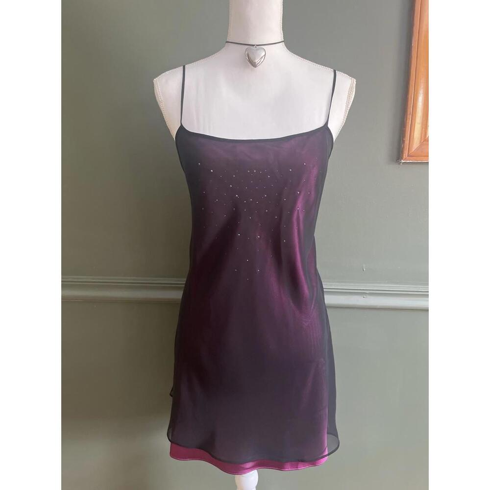 Vtg Y2K 90s Cerie Slip Dress M Purple Satin Mesh Rhinestone Fairycore Witchy